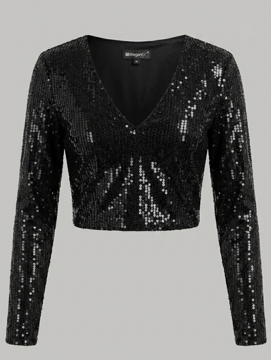 Allegra K Tops - Allegra K Black Sequin V-Neck Crop Top